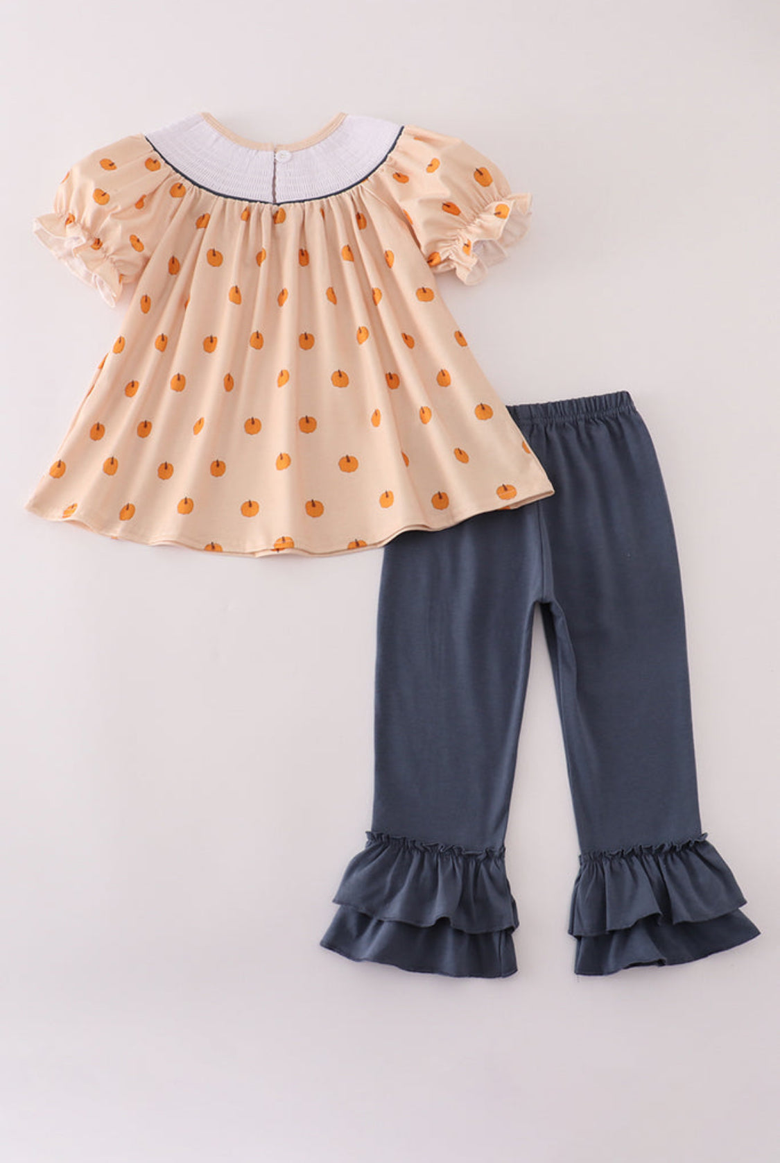 Khaki Embroidery Smocked Ruffle Girl’s Pants Set