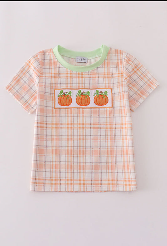 Orange Pumpkin Embroidery Plaid Boy Top