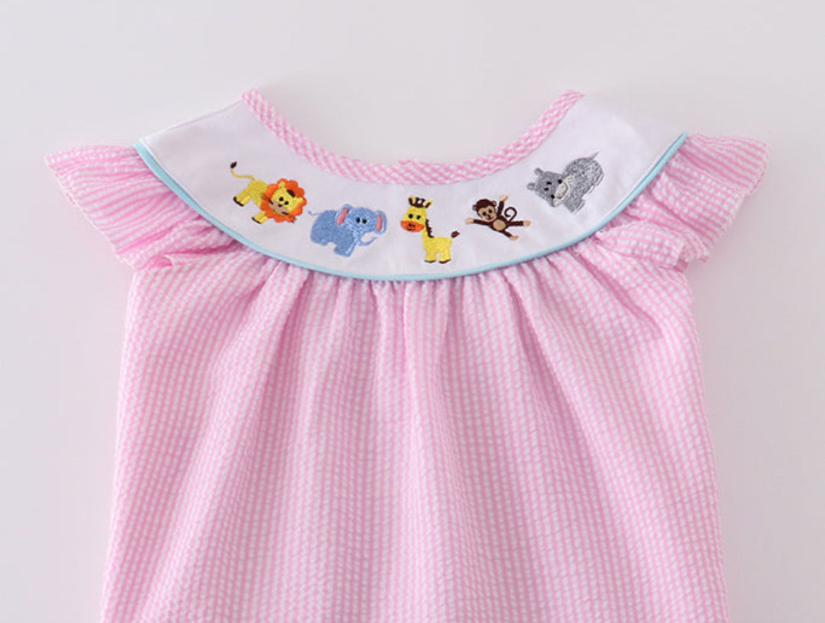 Pink Seersucker Animal Embroidery Girl’s Short Set