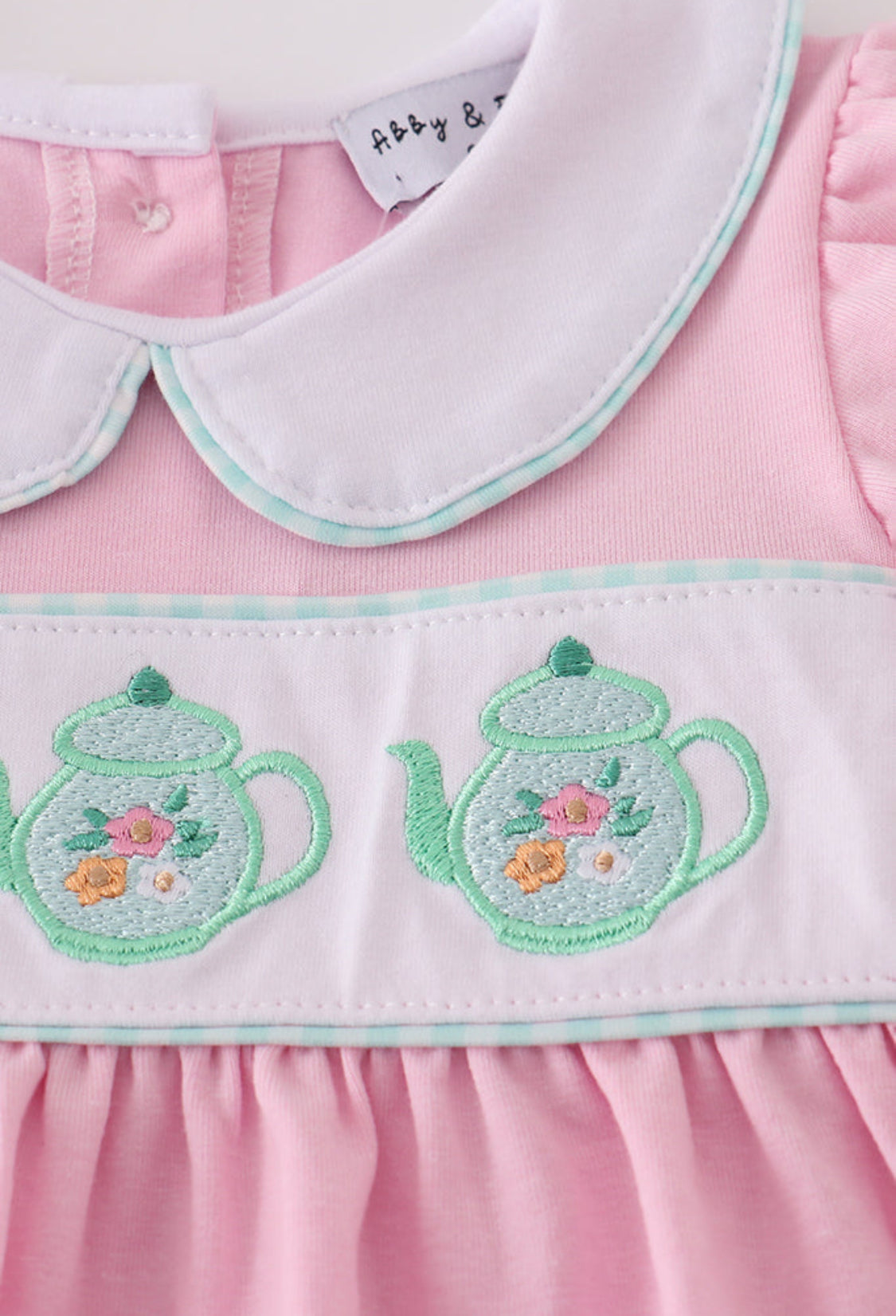 Pink Teapot Embroidery Puff Sleeve Girl’s Bloomer Set