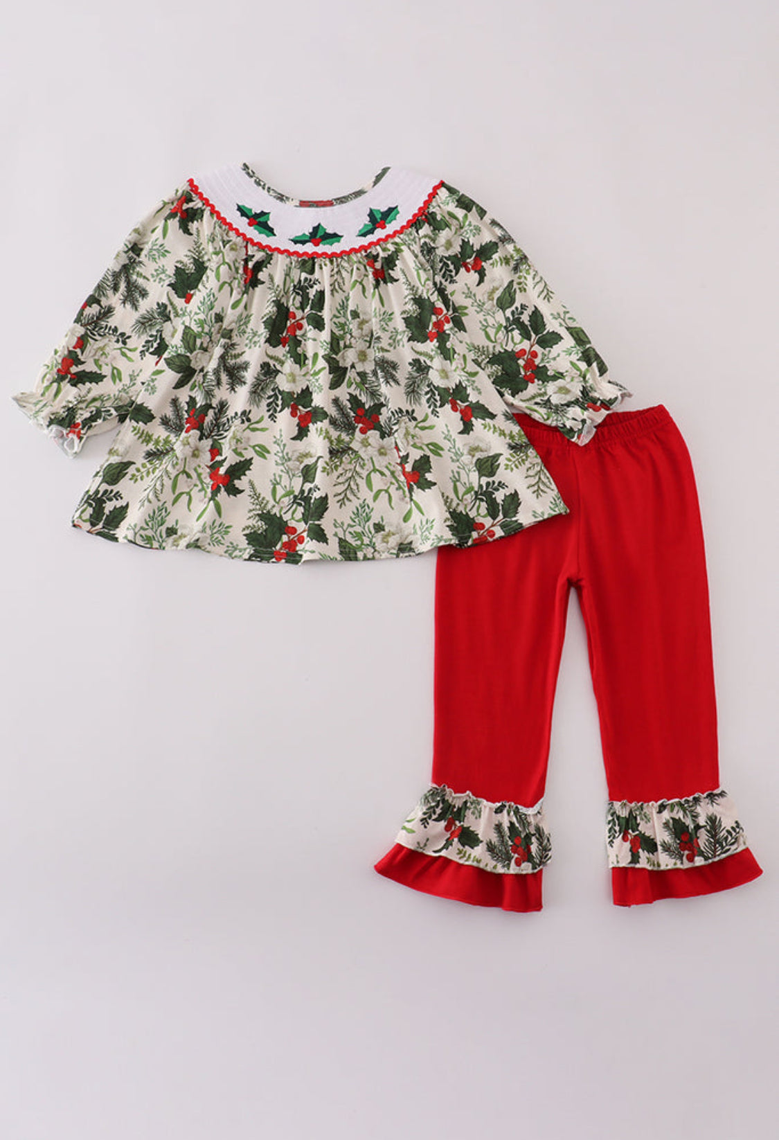 Green Holly Floral Smocked Ruffle Girl’s Pants Set