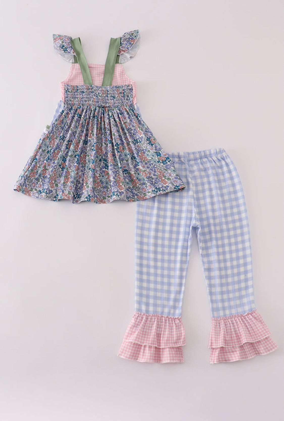 Blue Floral Pumpkin Embroidery Ruffle Girl’s Pants Set