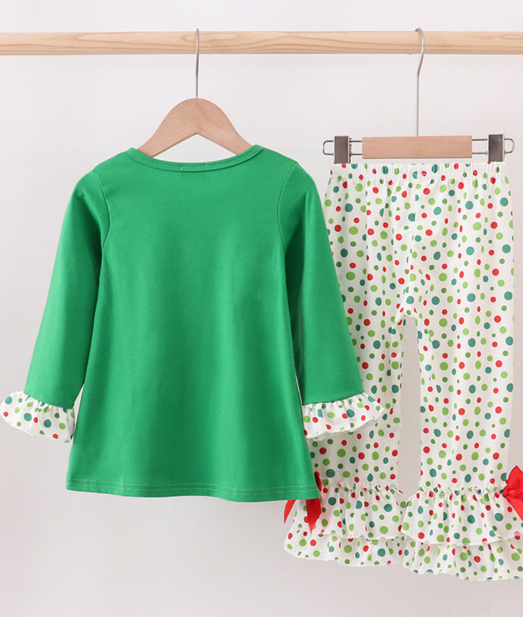Green Santa Claus Appliqué Ruffle Girl’s Pants Set