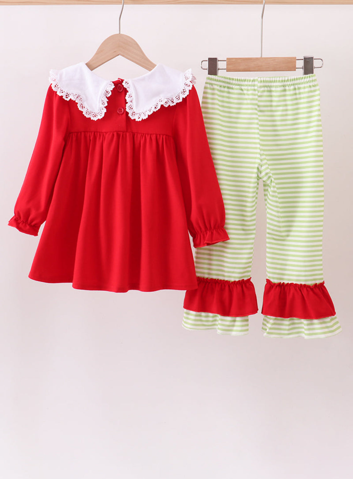Red Christmas Tree Embroidery Ruffle Girl’s Pants Set