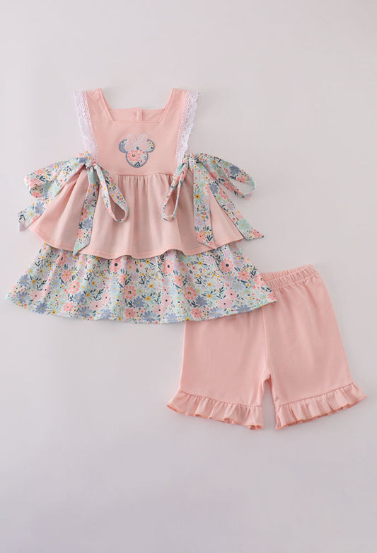 Pink Floral Character Appliqué Ruffle Girl’s Short Set