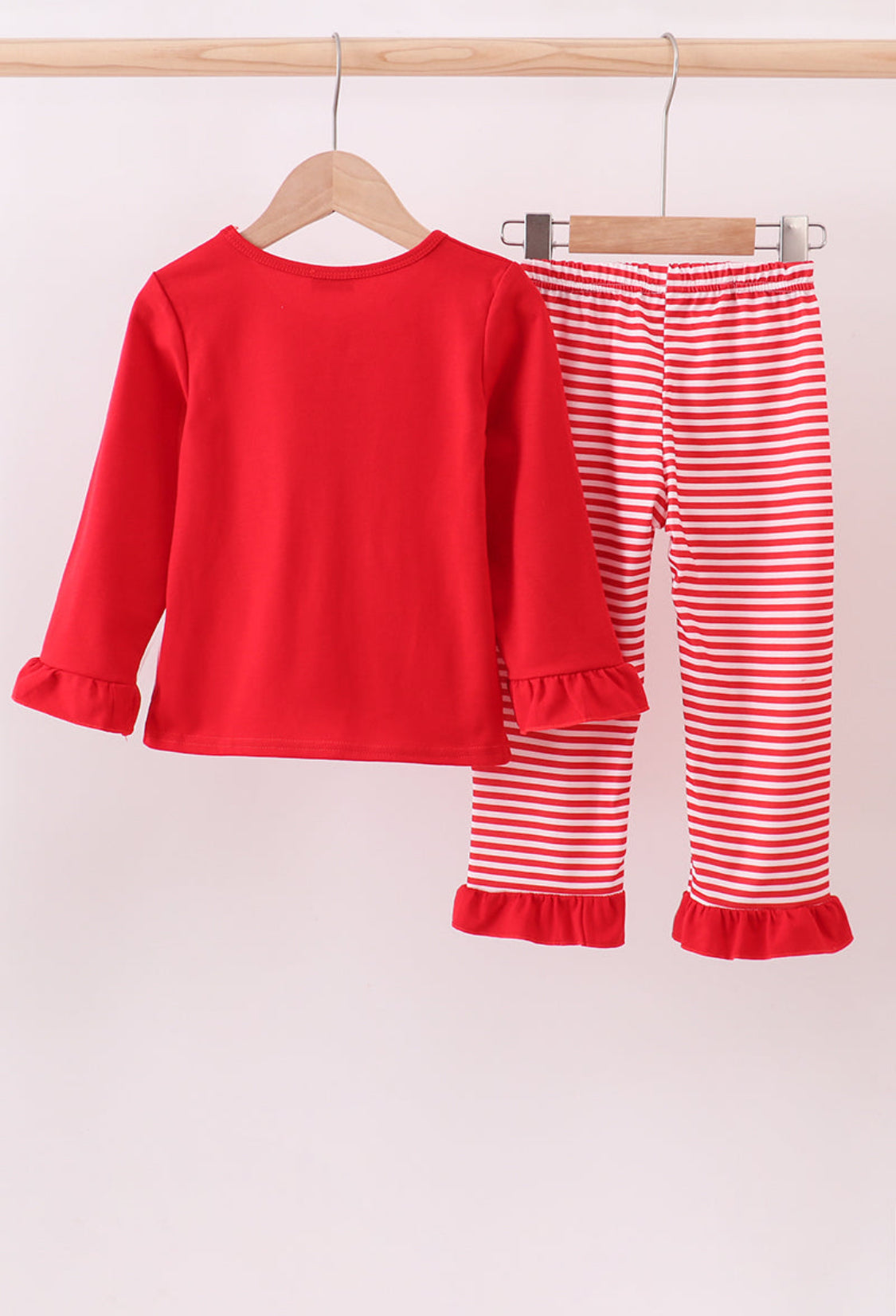 Red Santa Claus Biscuit Milk Appliqué Ruffle Stripe Girl’s Pants Set