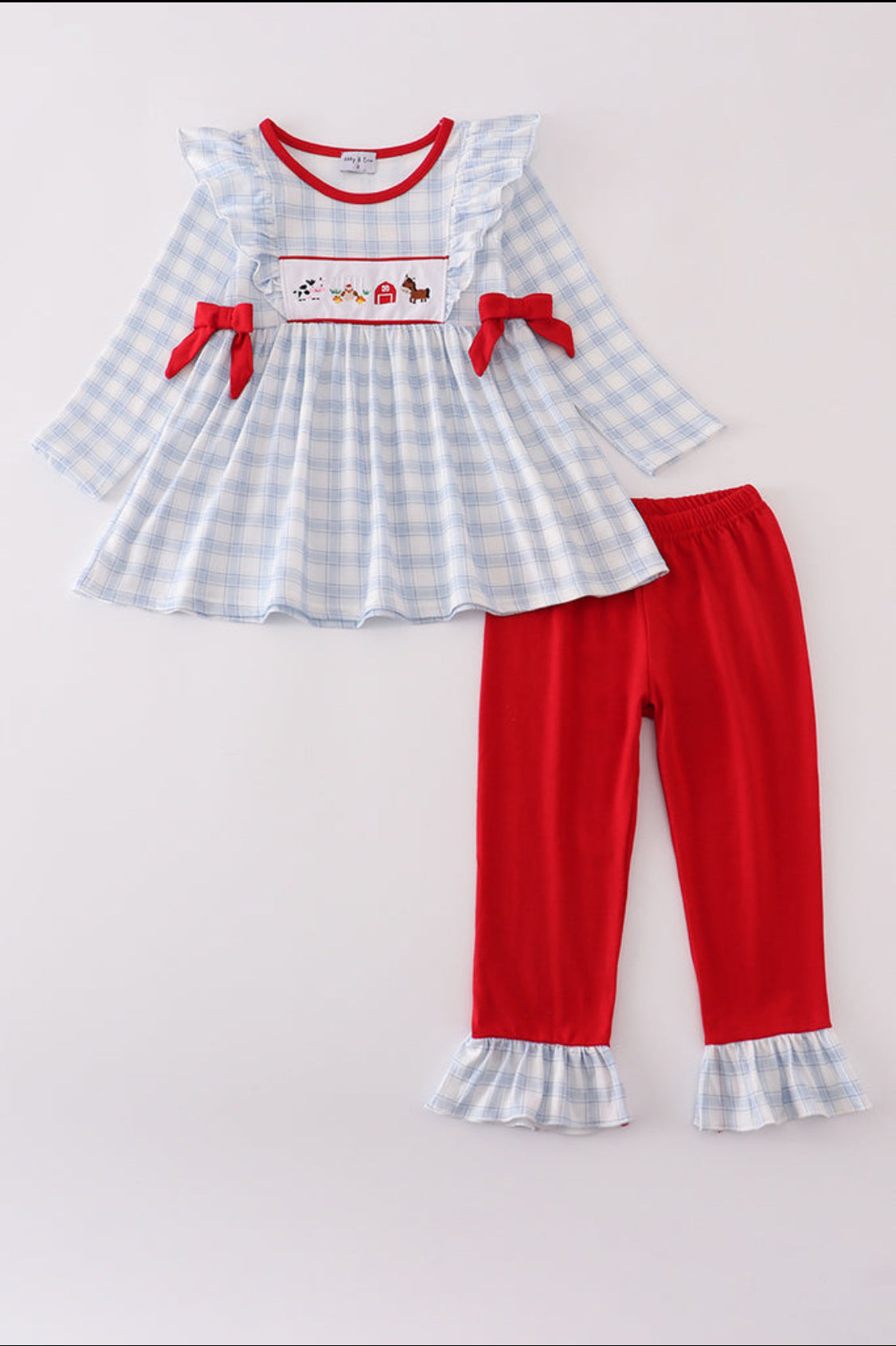 Blue Farm Embroidery Plaid Ruffle Girl’s Pants Set