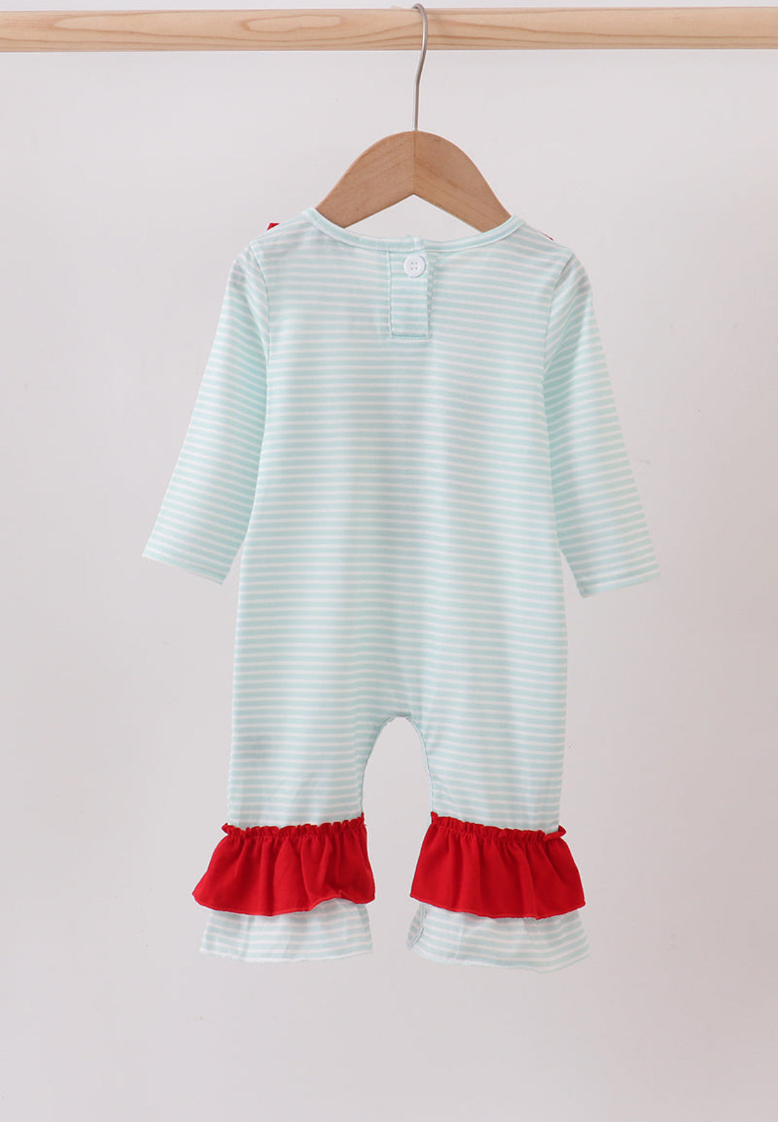 Blue Reindeer Applique Stripe Ruffle Girl’s Romper