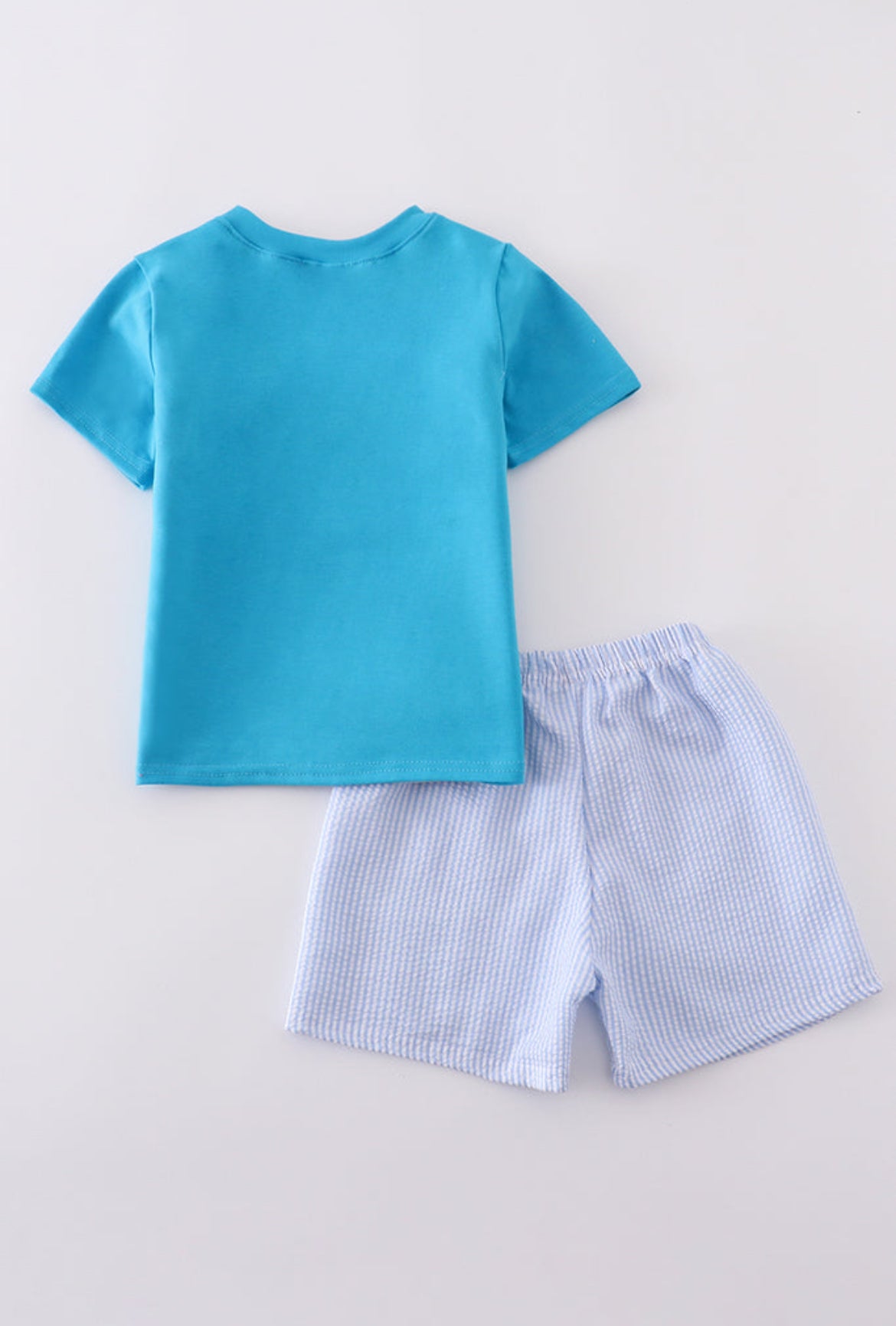 Blue Seersucker Animal Embroidery Boy’s Short Set