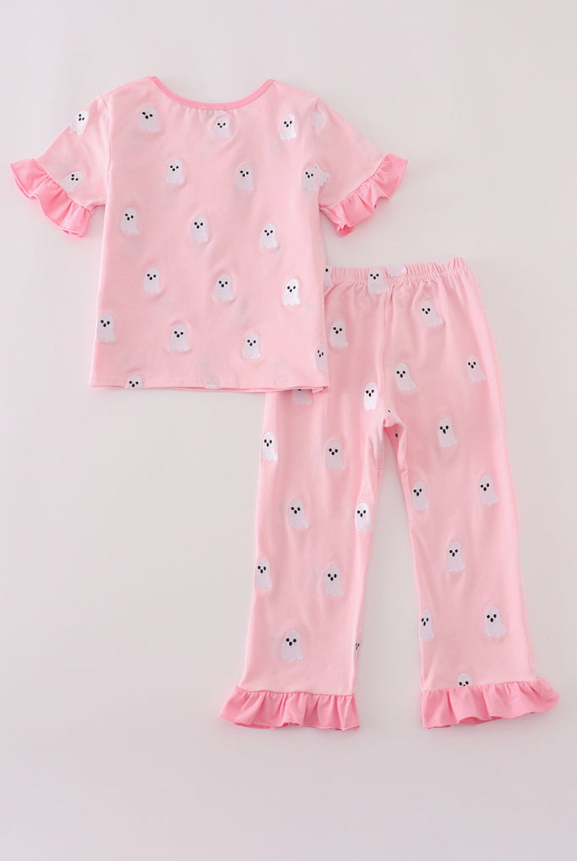 Pink Ghost Embroidery Ruffle Girl’s Pajamas Set
