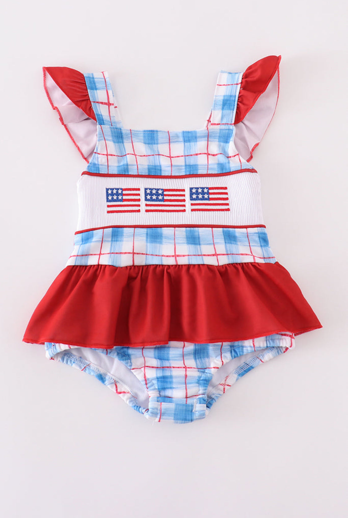 Flag Embroidery Smocked plaid girl’s 1 pc Swimsuit UPF50+