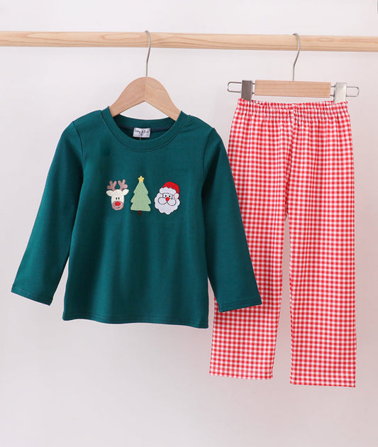 Green Christmas Santa Claus Embroidery Boy’s Pants Sets