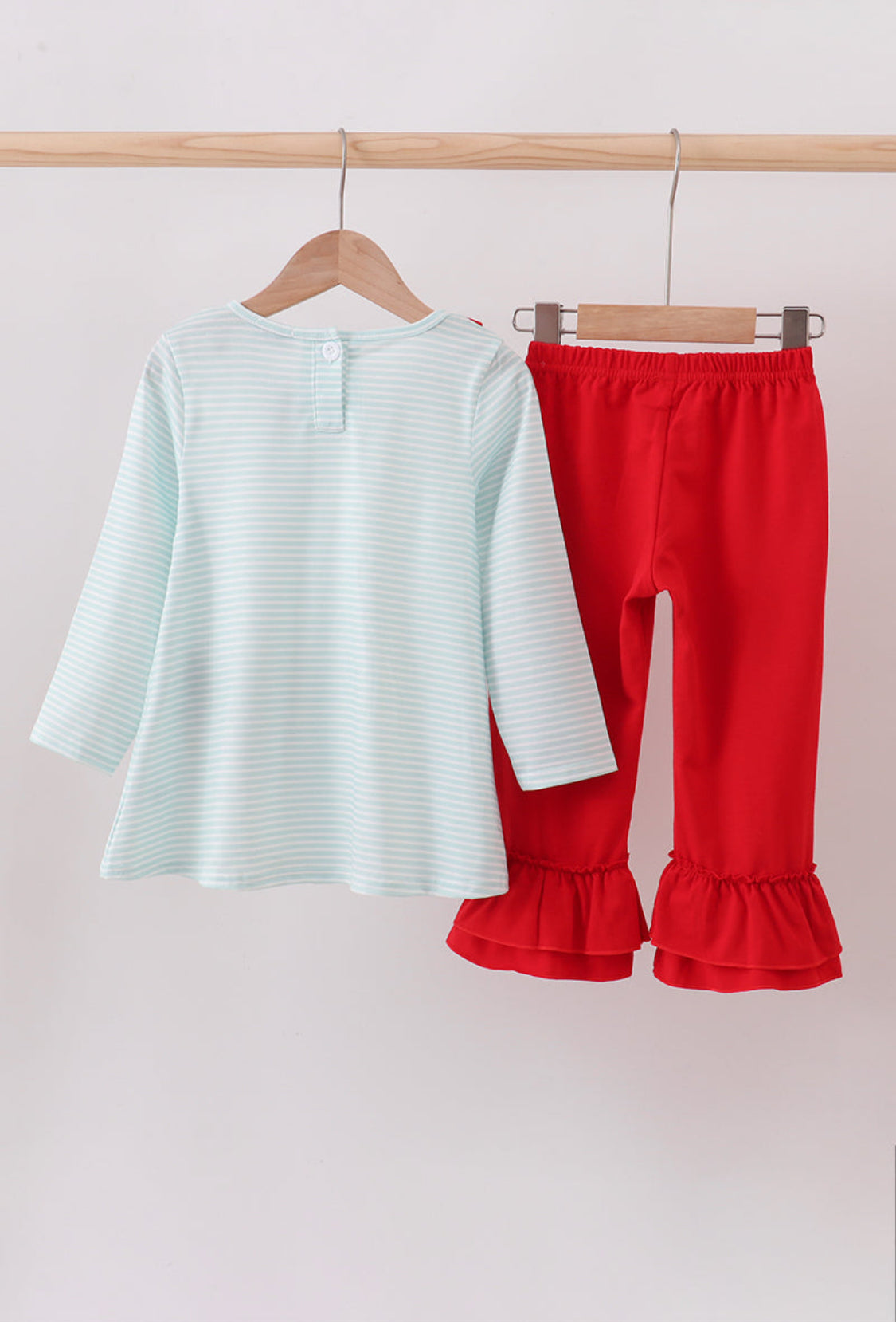 Blue Reindeer Applique Stripe Ruffle Girl’s Pants Set