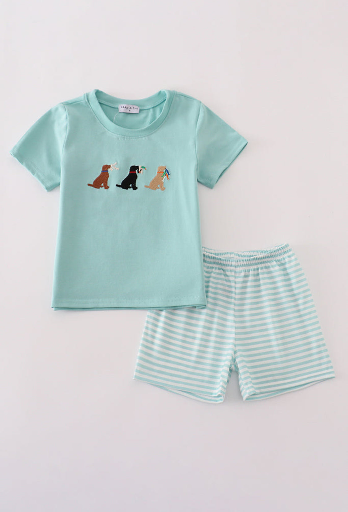 Green Stripe Puppy Hunting Embroidery Boy’s Short Set