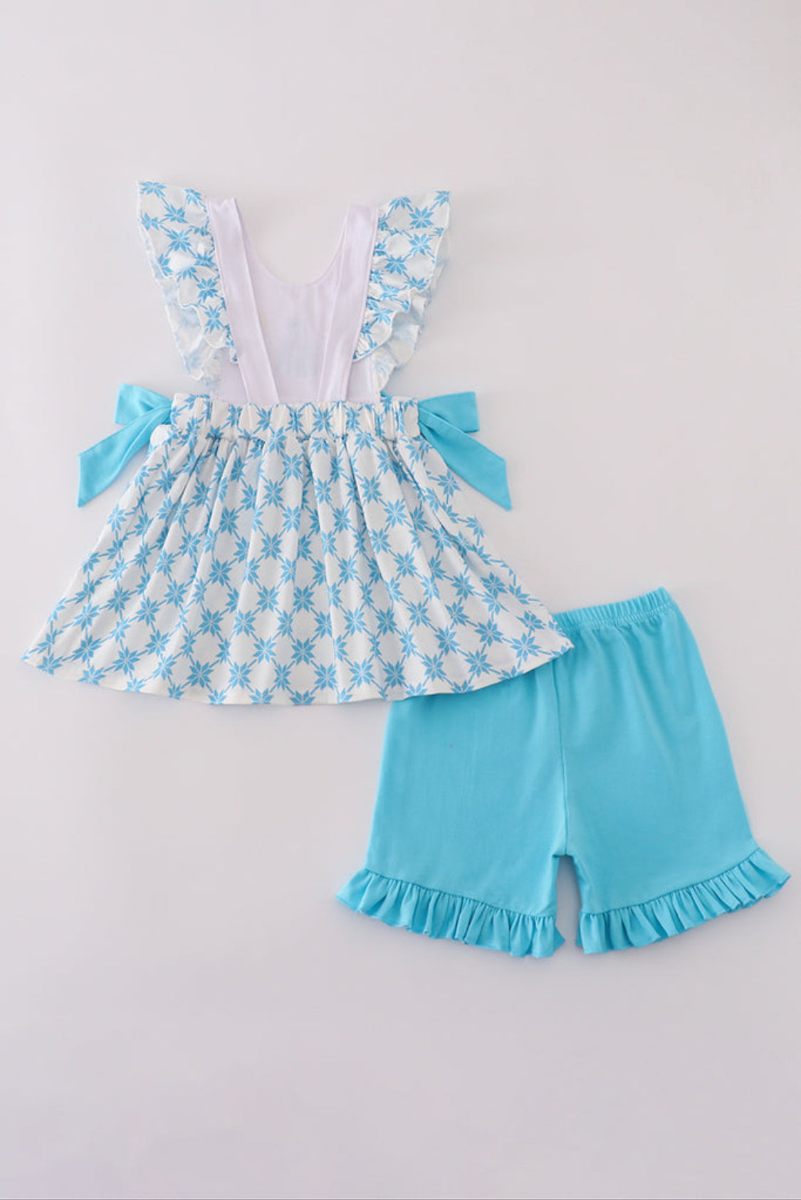 Blue Character Embroidery Bow Ruffle Girl’s Short Set