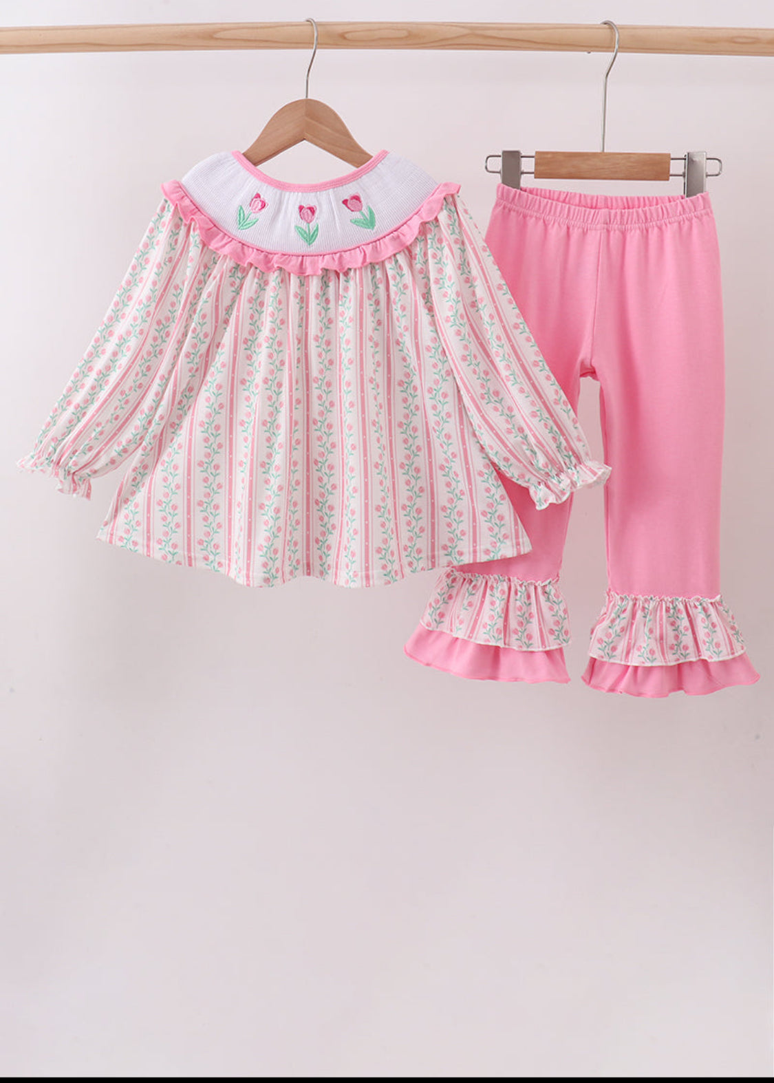 Floral Tulip Smocked Ruffle Girl’s Pants Set