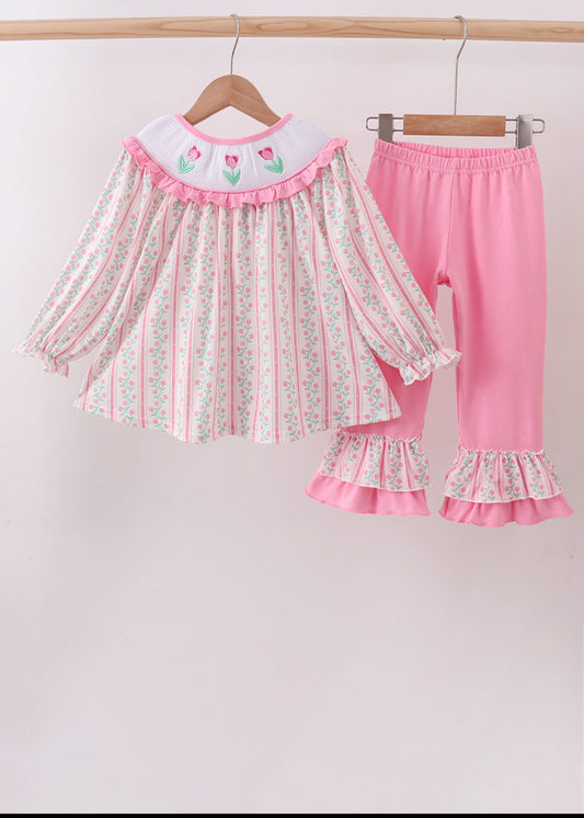 Floral Tulip Smocked Ruffle Girl’s Pants Set