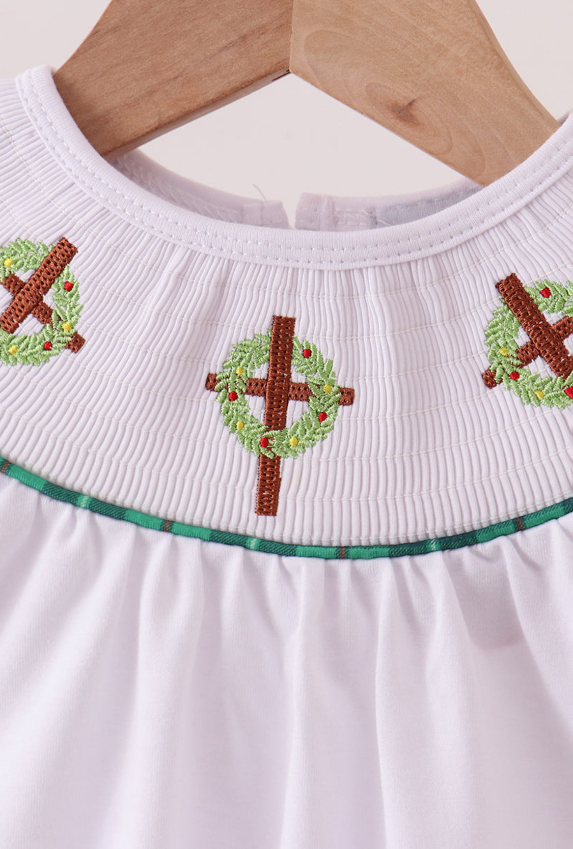 White Wreath Smocked Girl’s Romper.