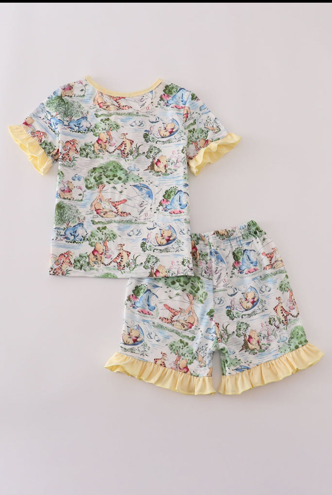 Yellow Character Print Girl’s Ruffle Short Set