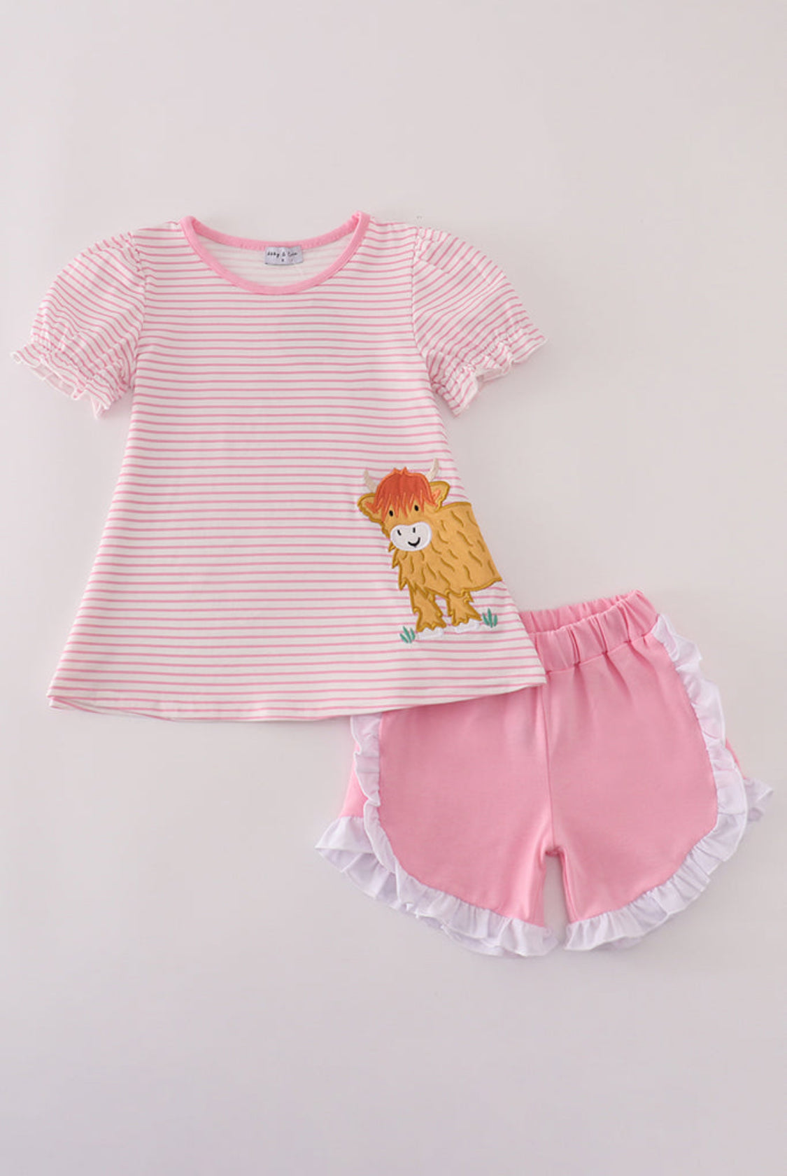 Pink Stripe Buffalo Appliqué Ruffle Girl’s Shorts Set