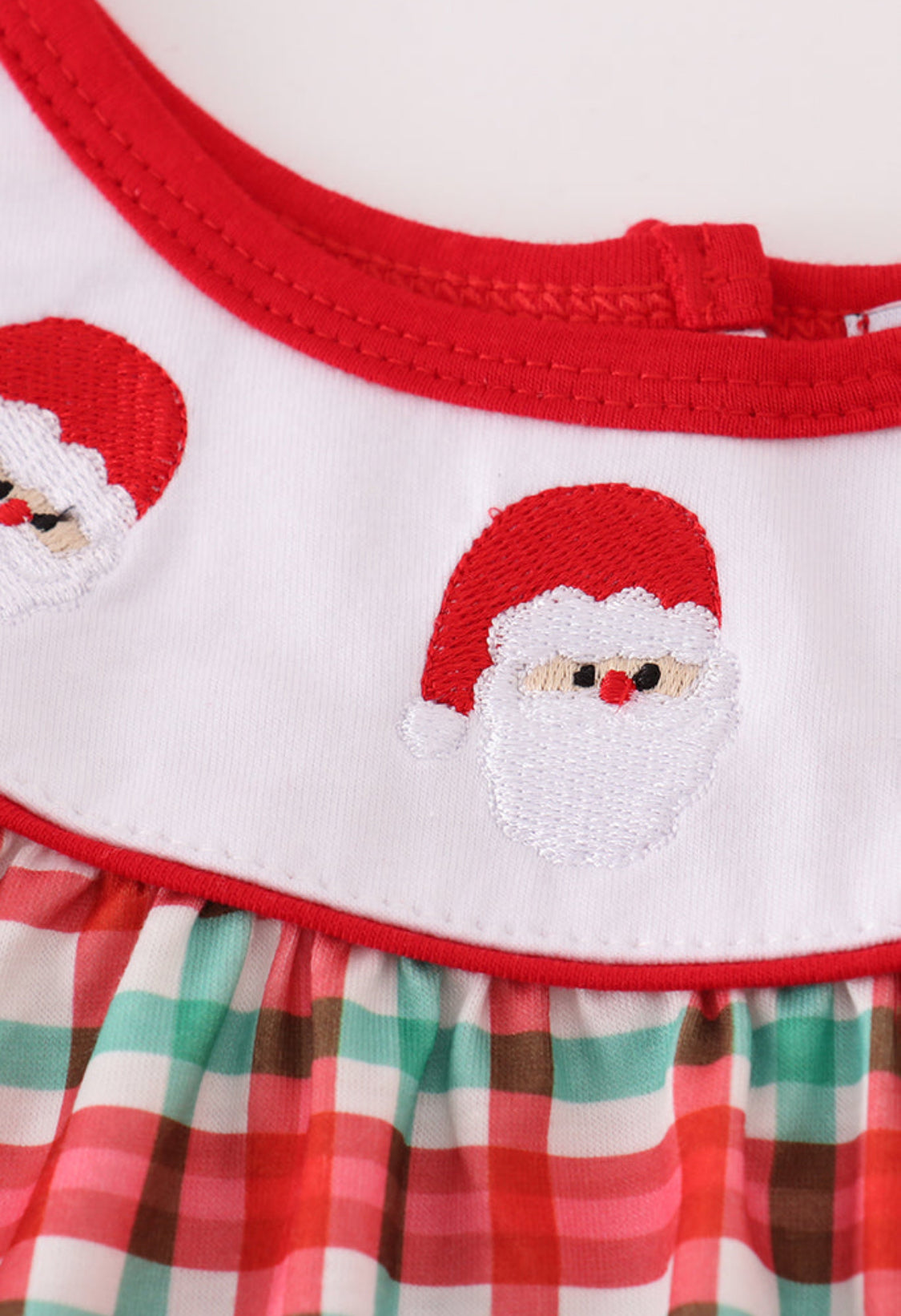Red Santa Claus Embroidery Plaid Ruffle Girl’s Romper