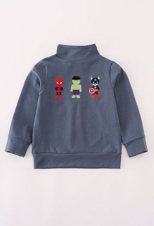 Navy Character Embroidery Boy’s Zip Pullover