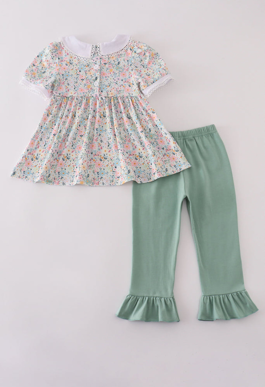 Green Floral Pumpkin Embroidery Smocked Ruffle Girl’s Pants Set
