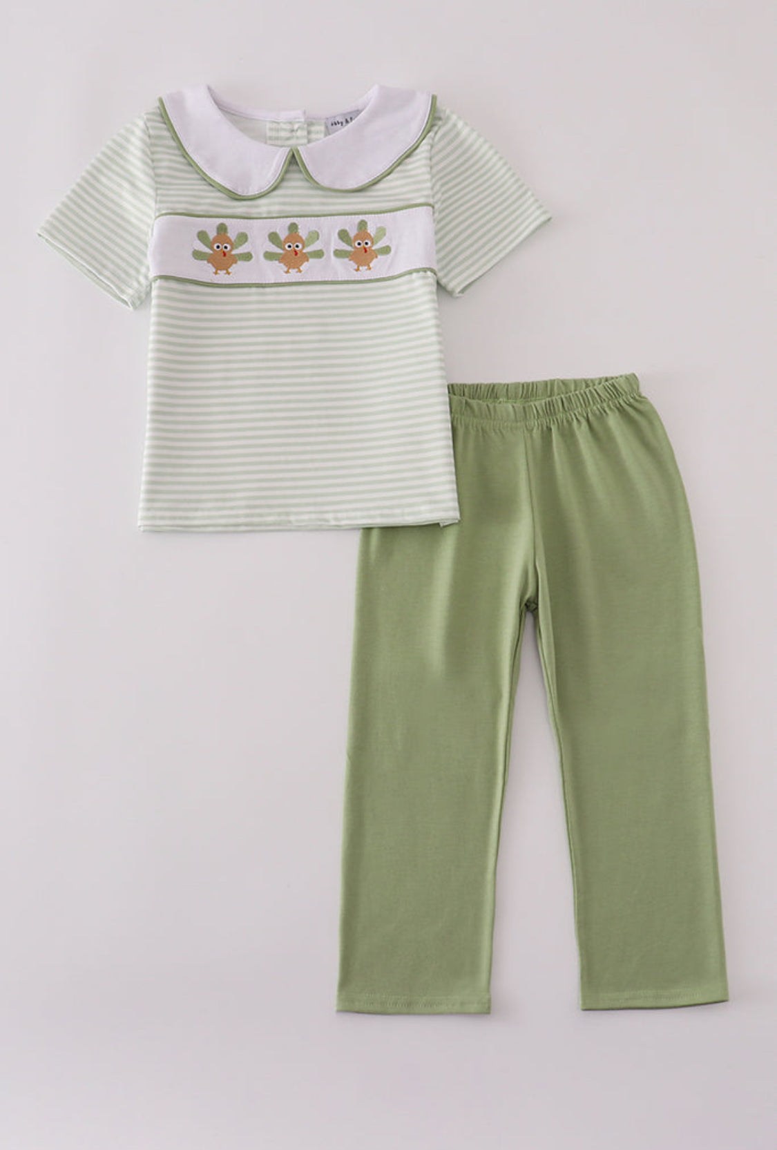 Sage Turkeys Embroidery Stripe Boy’s Pants Set