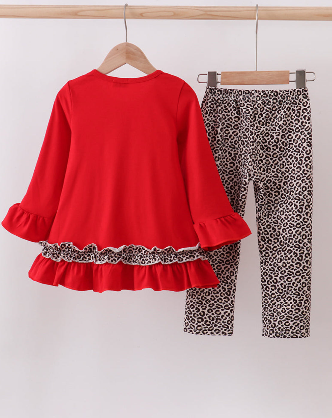 Red Santa Claus Appliqué Leopard Ruffle Girl’s Pants Set
