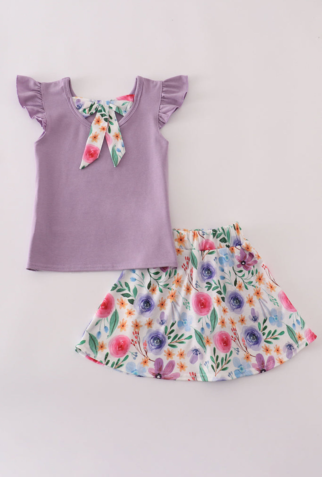 Purple Floral Bow Appliqué Girl’s Active Skort Set