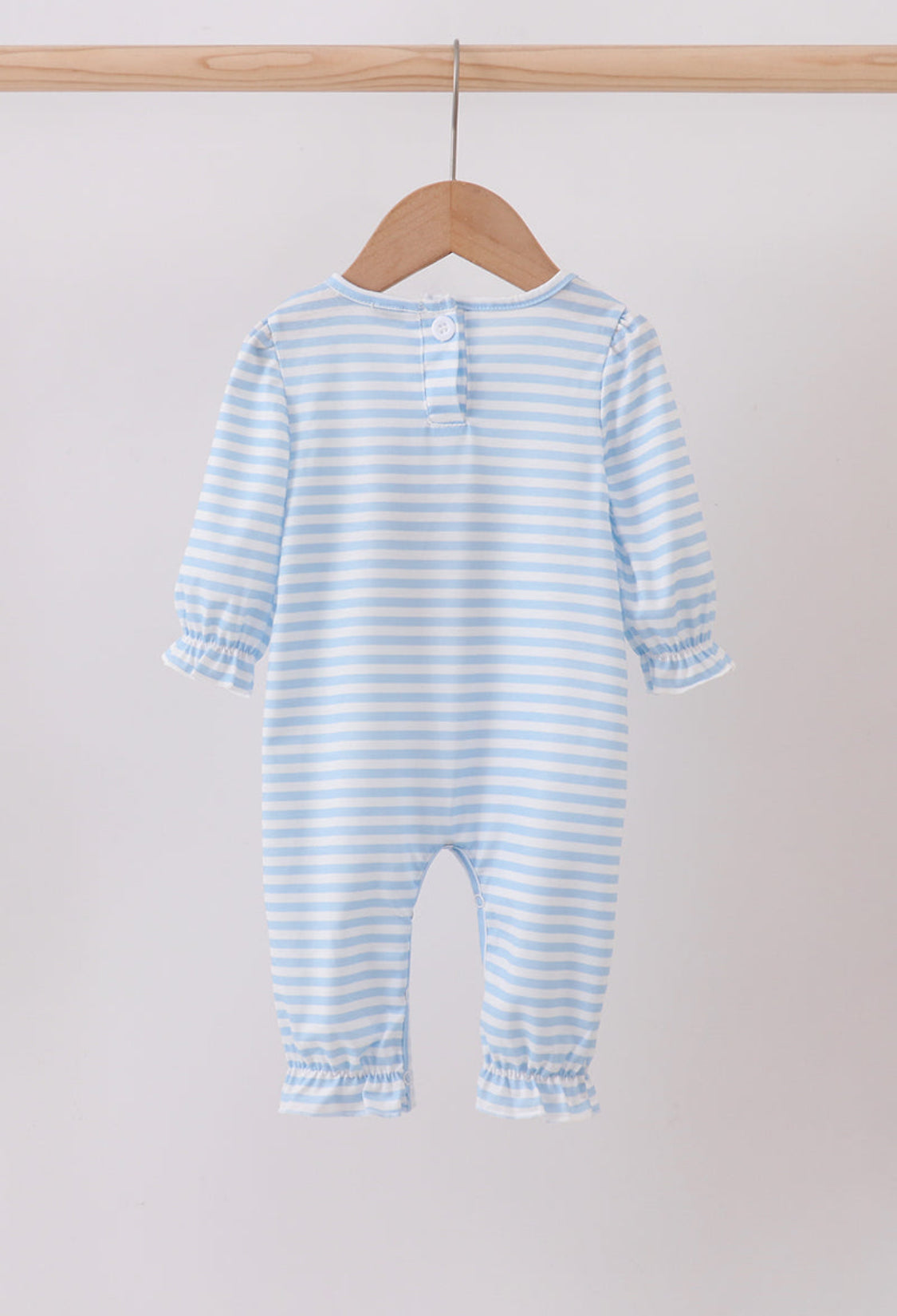 Blue Stripe Reindeer Appliqué Ruffle Girl’s Romper