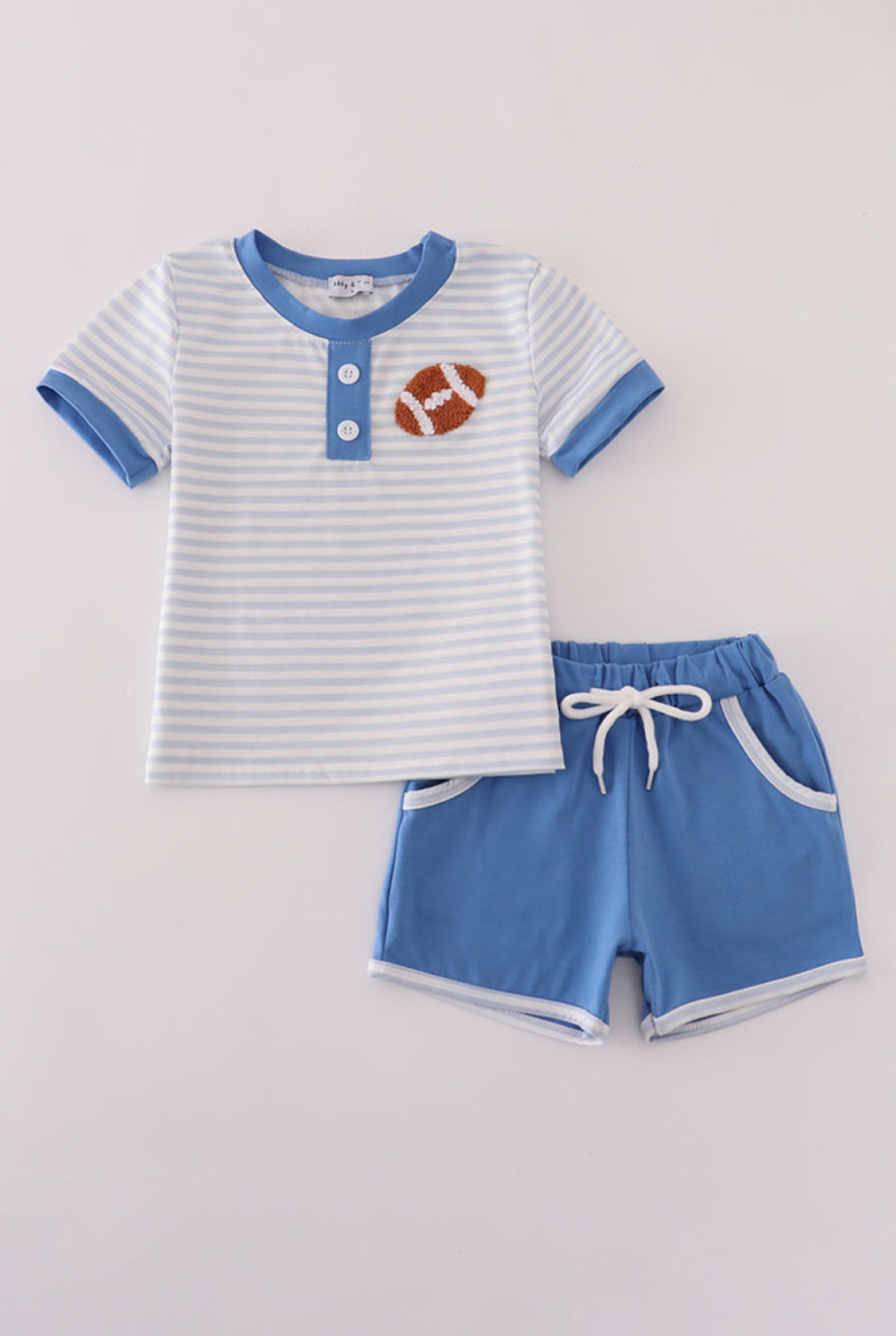 Blue Stripe Football French Knot Embroidery Boy’s Short Set