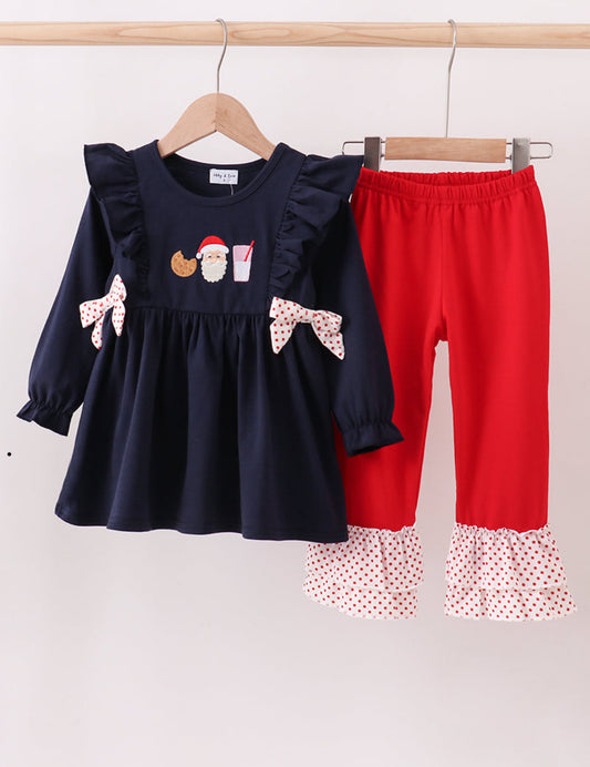 Navy Christmas Santa Cookie Milk Embroidery Ruffle Girl’s Pants Set