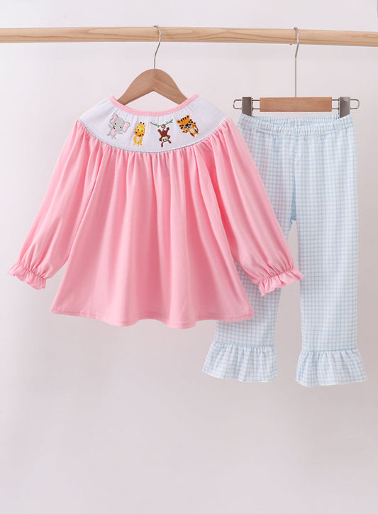 Pink Animal Smocked Ruffle Girl’s Pants Set