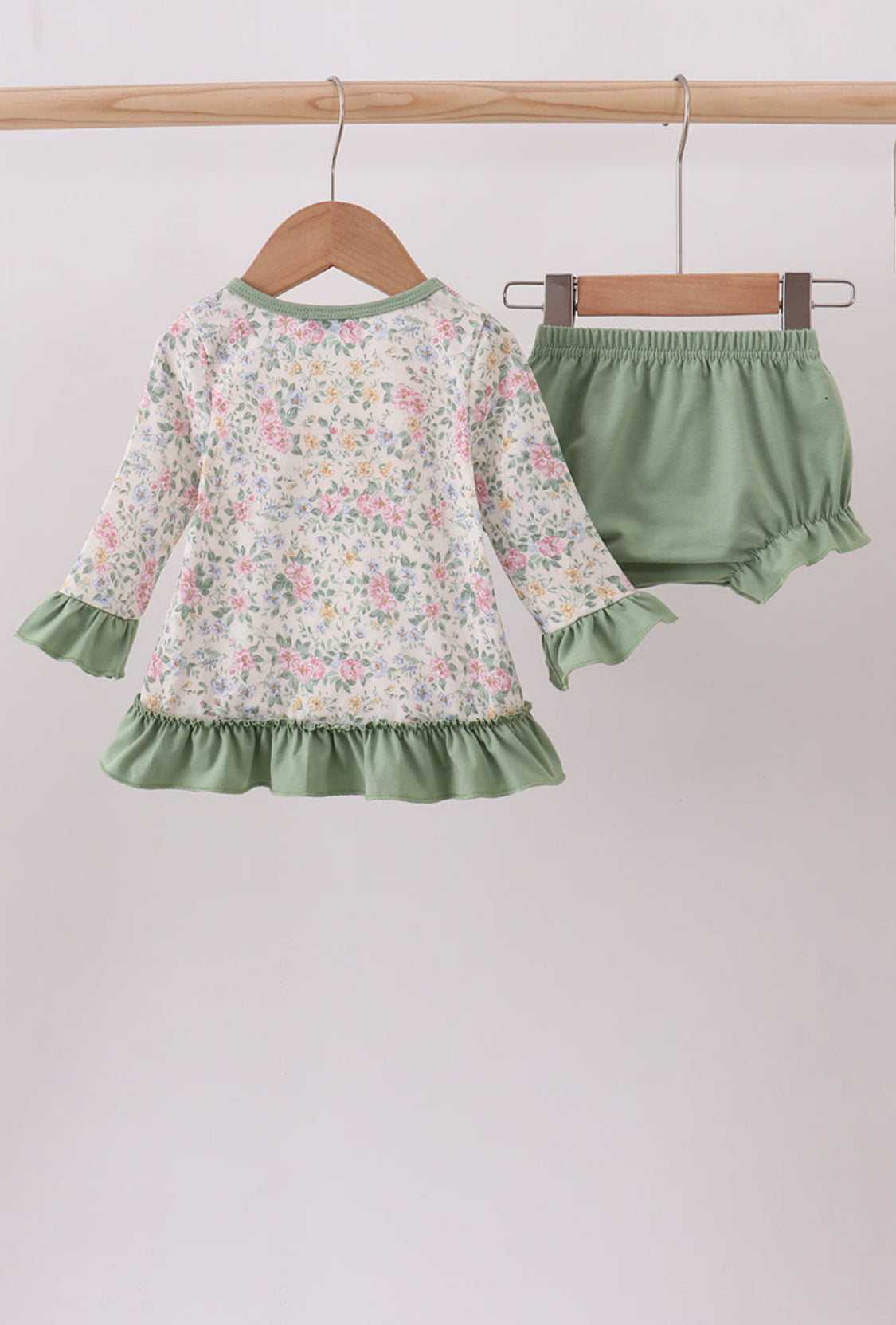 Green Floral “God is Great” Embroidery Ruffle Girl’s Bloomer Set