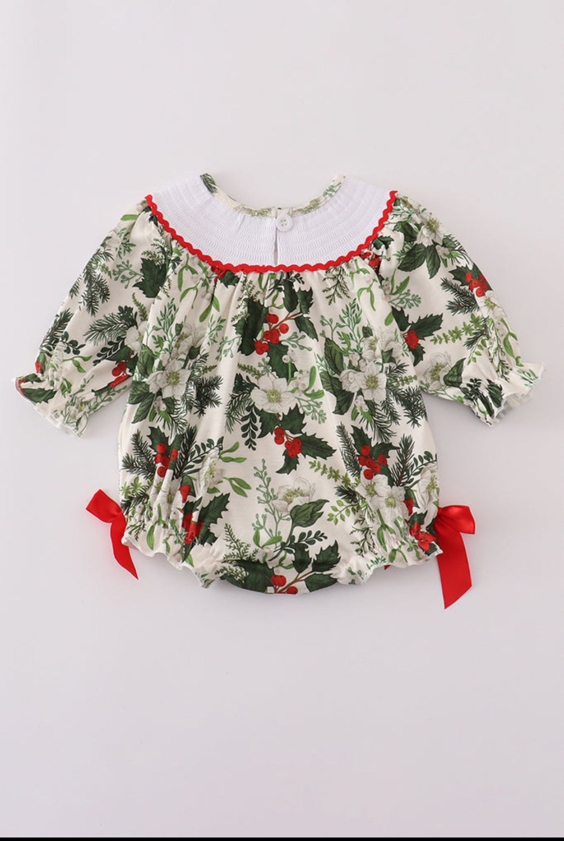 Green Holly FloralSmocked Bow Girl’s Bubble