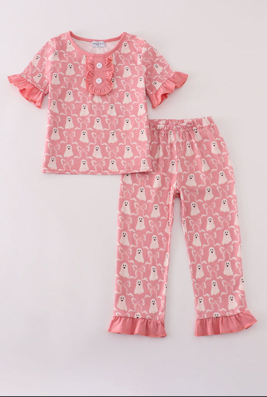 Halloween Ghost Print Ruffle Girl’s Pajama Set