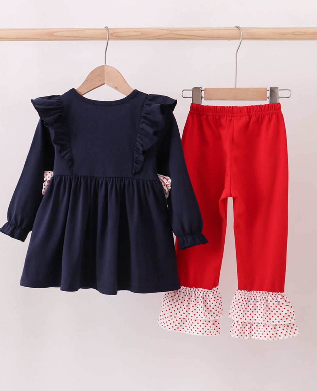 Navy Christmas Santa Cookie Milk Embroidery Ruffle Girl’s Pants Set