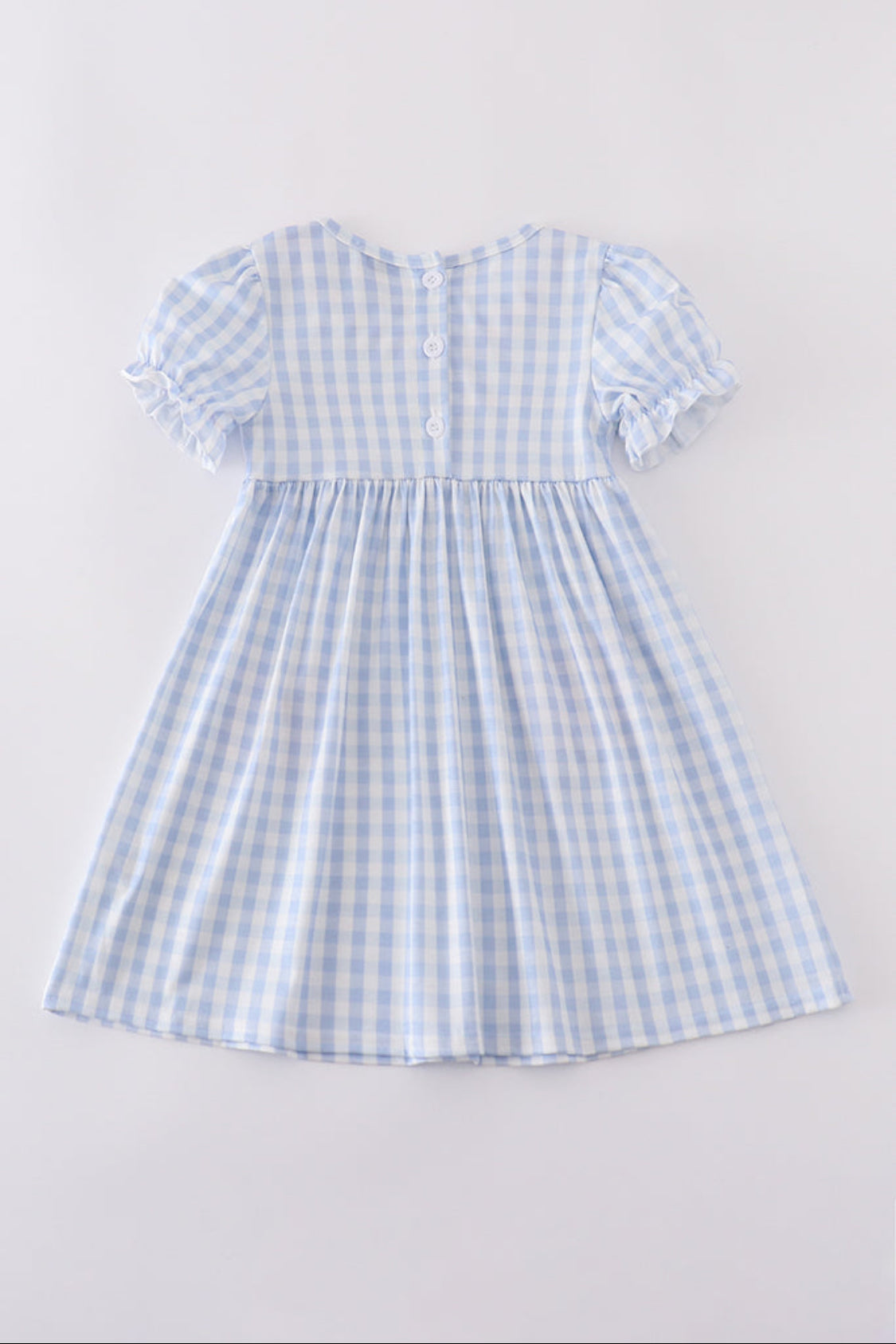 BLUE CHARACTER EMBROIDERY GINGHAM RUFFLE DRESS