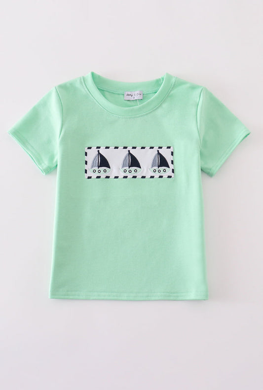 Green Seersucker Sailboat Embroidery Boy’s Top