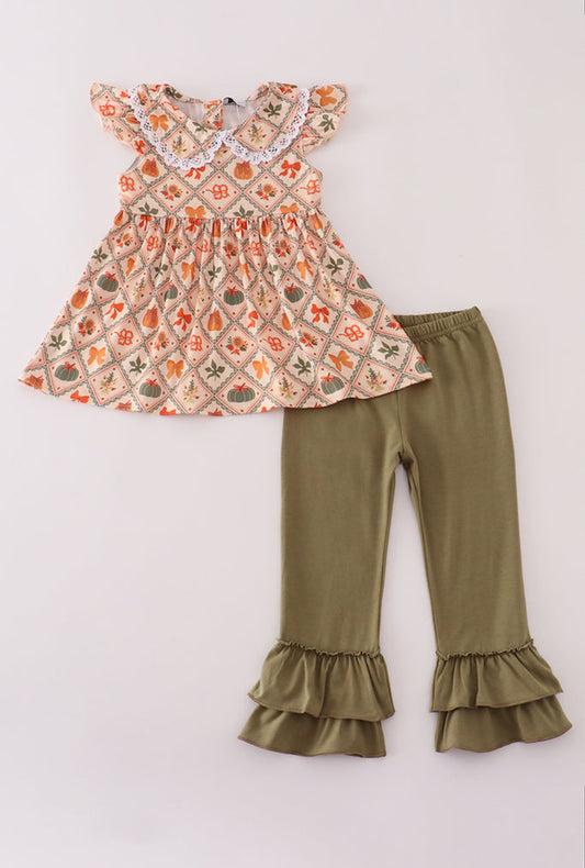 Green Pumpkin Bow Print Ruffle Girl’s Pants Set