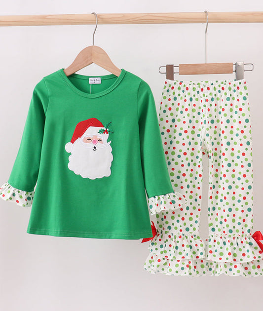 Green Santa Claus Appliqué Ruffle Girl’s Pants Set