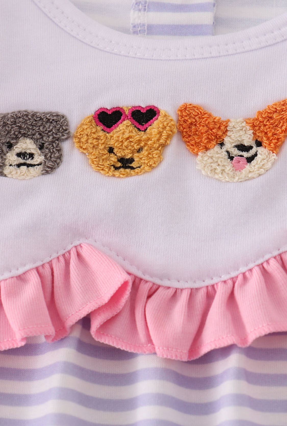Purple Puppy French Knot Stripe Girl’s Romper