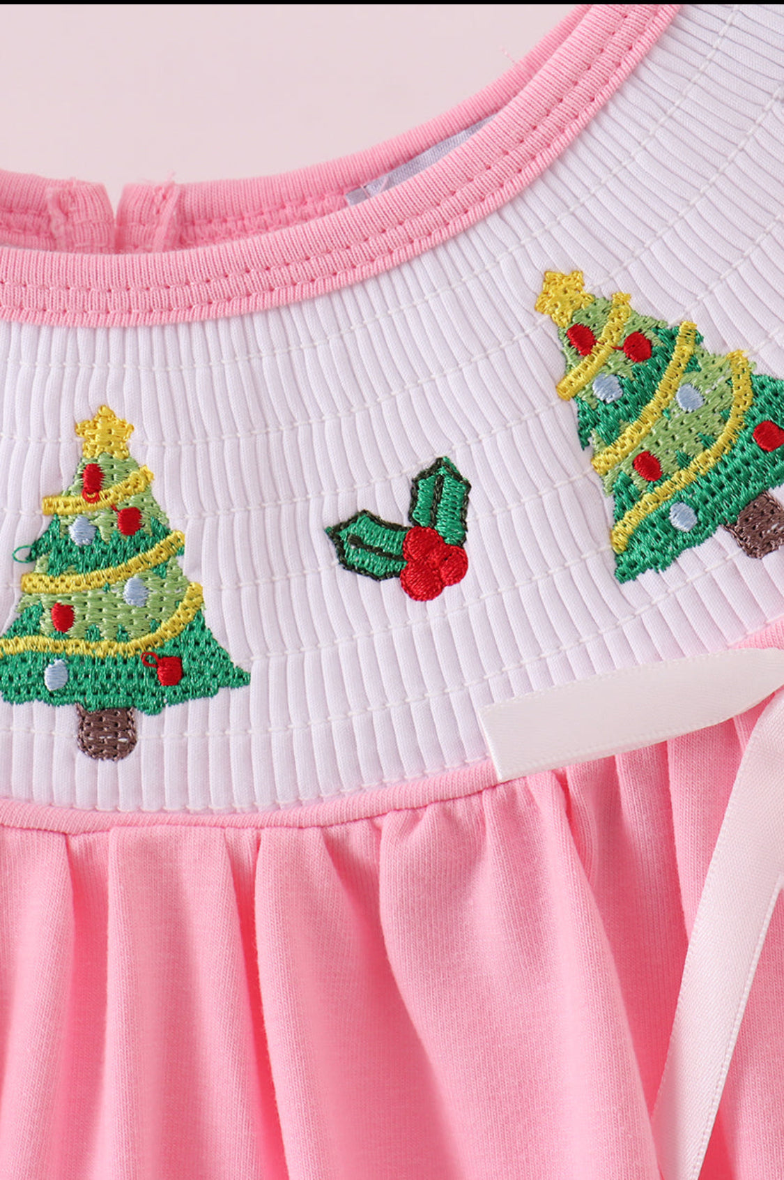 Pink Christmas Tree Smocked Ruffle Dress
