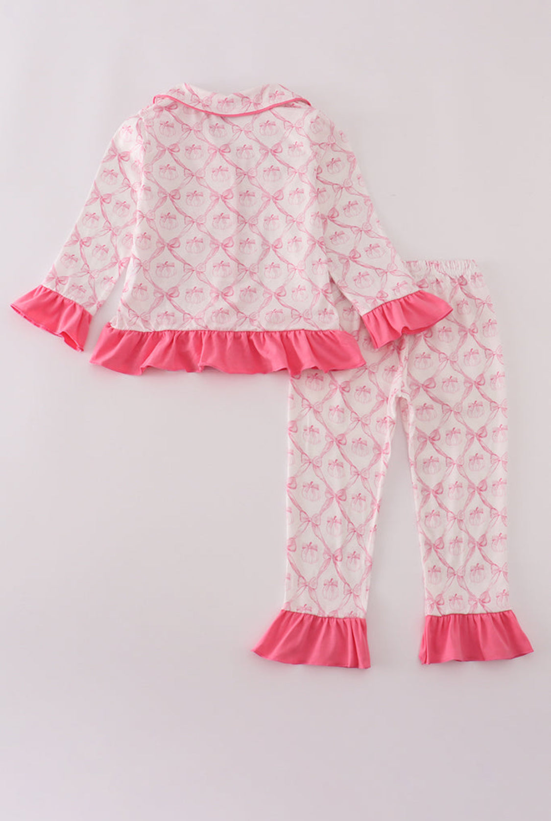 Pink Bow Tie Pumpkin Print Girl’s Ruffle Pajamas Set
