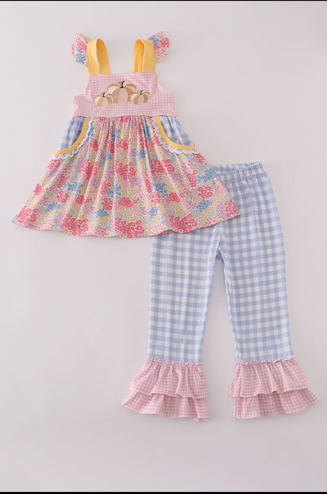 Pink Floral Pumpkin Embroidery Girl’s Pants Set