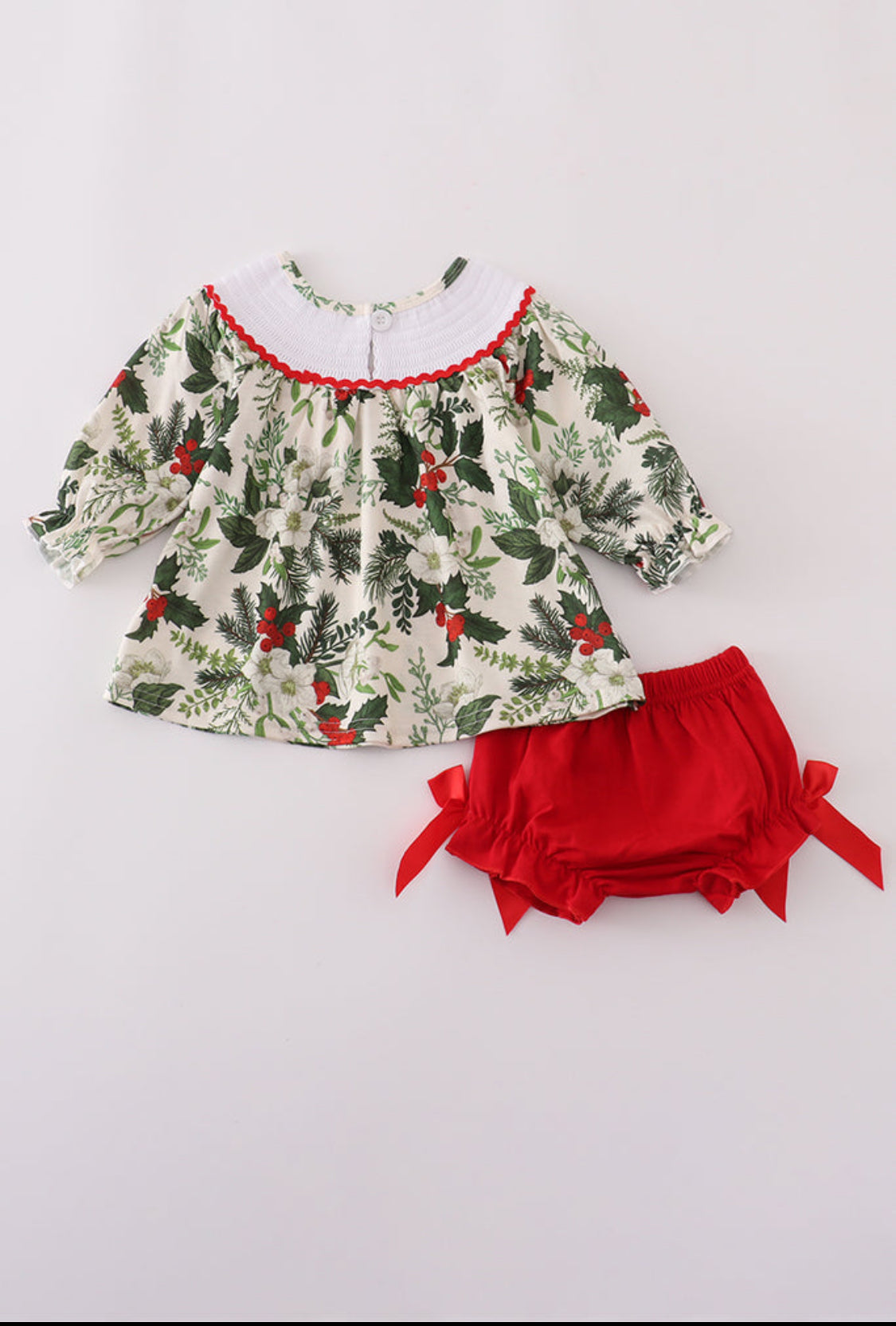 Green Holly Floral Smocked Bow Girl’s Bloomer Set