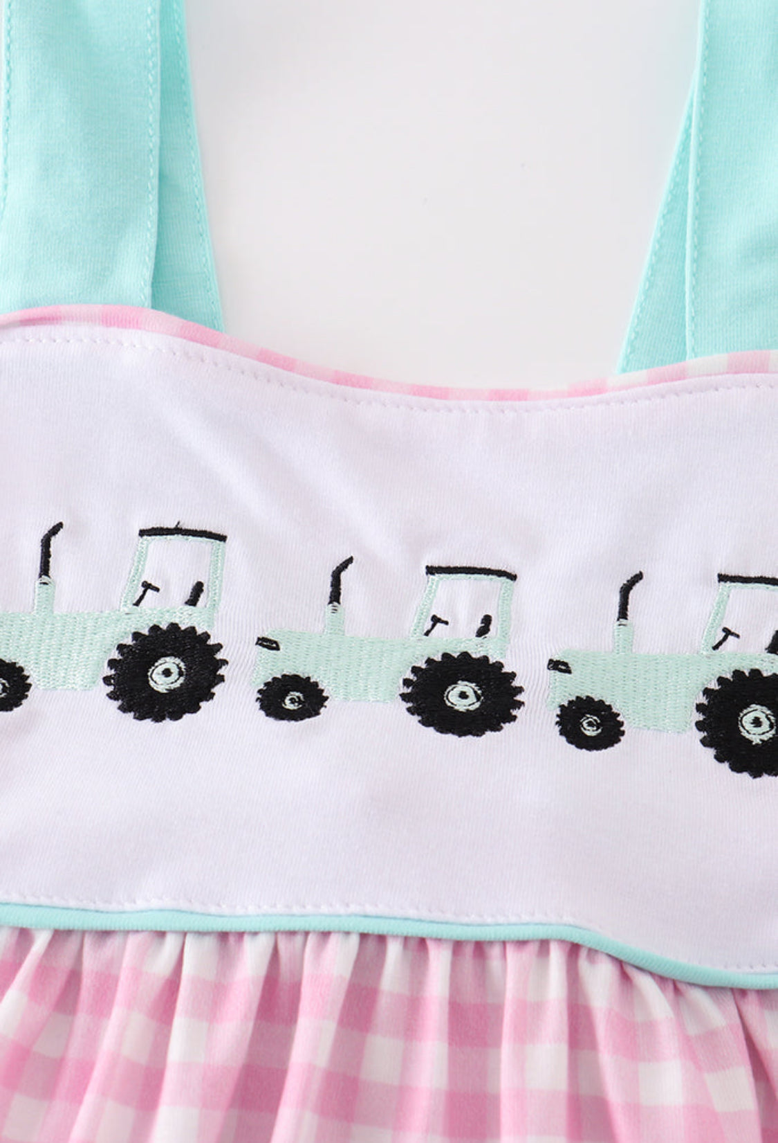 Pink Tractor Embroidery Plaid Dress