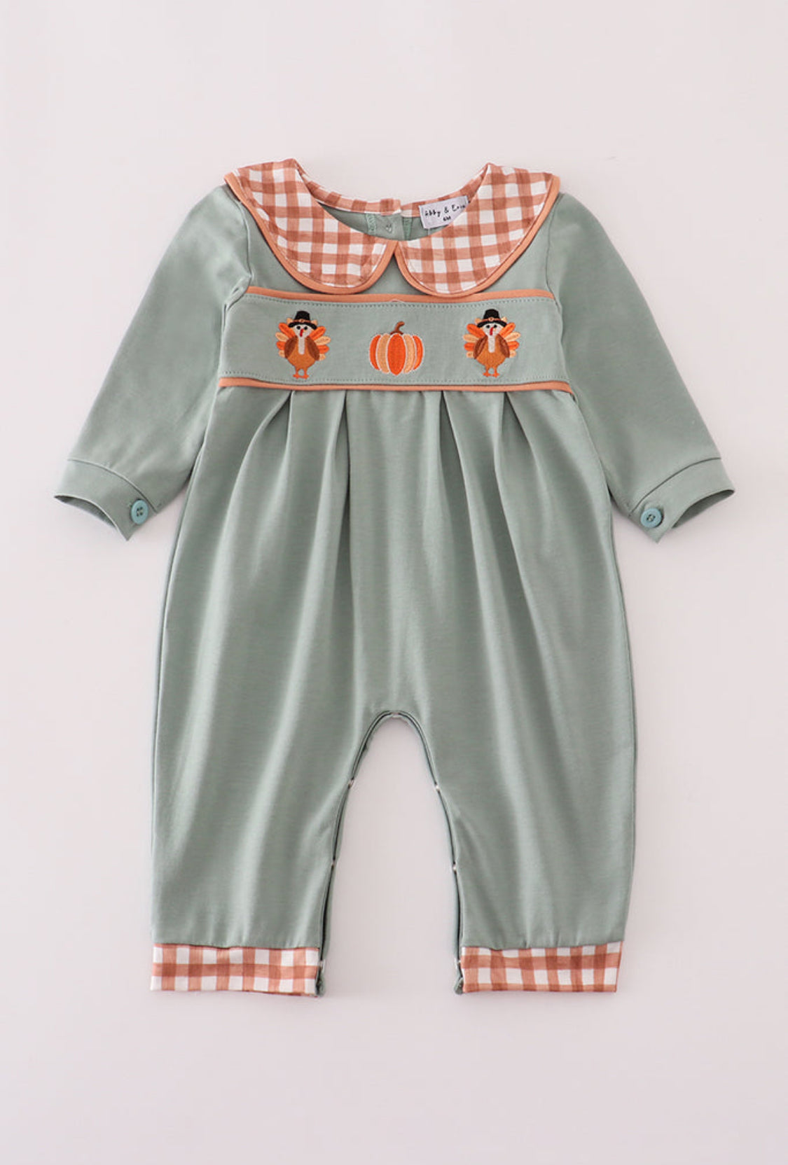 Sage Turkey Pumpkin Embroidery Boy’s Romper