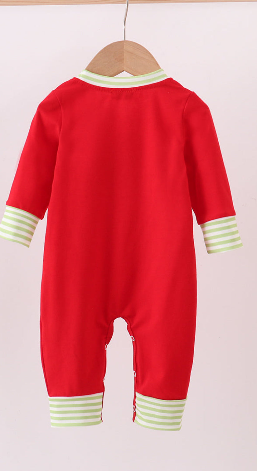 Red Christmas Tree Embroidery Boy’s Romper